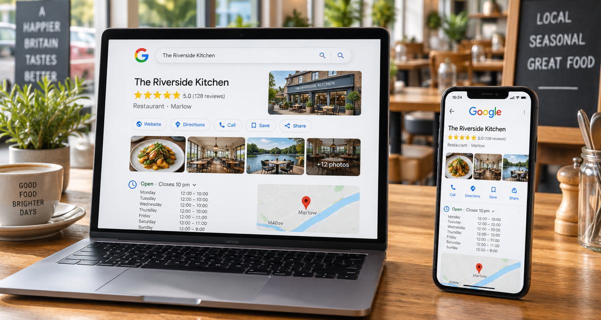 Laptop and phone on a restaurant counter showing a Google Business Profile listing with reviews, photos and opening hours