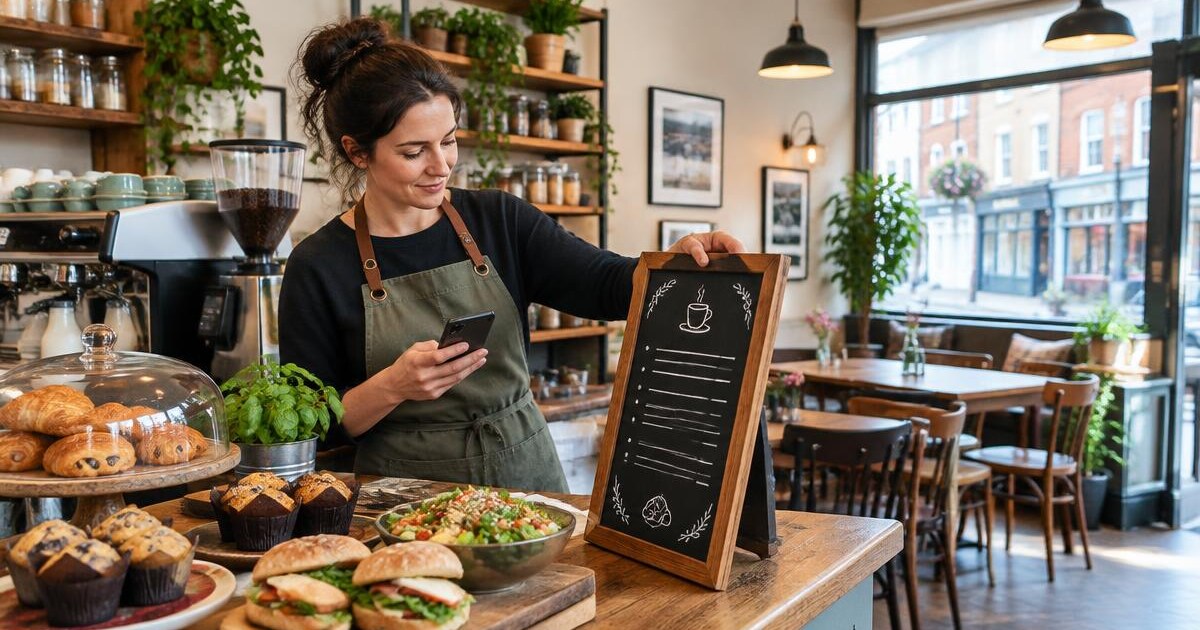 Independent British cafe owner updating a menu board while checking her phone